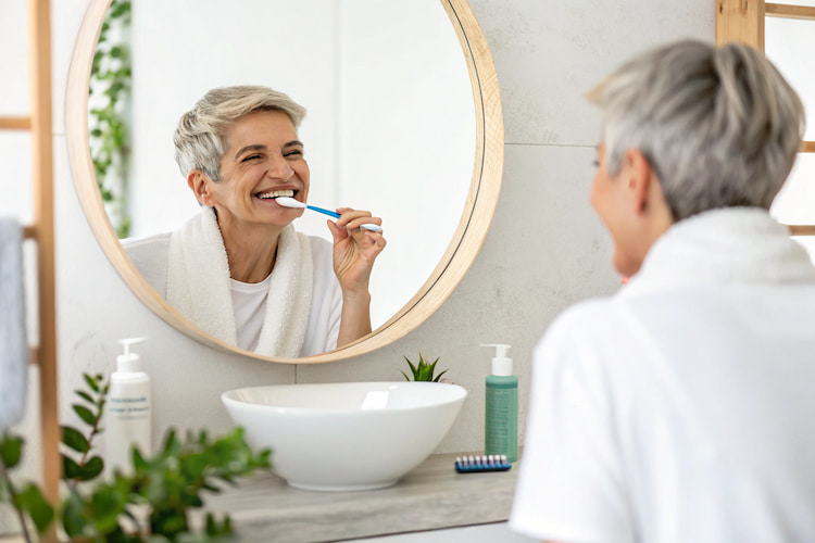 a woman brushing softly in front of a mirror to stop gums bleeding 