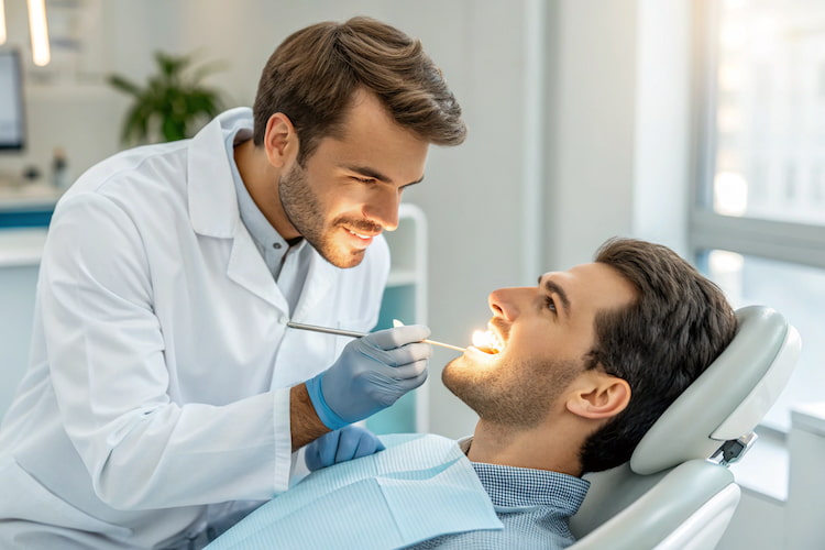 a dentist checking a patient's teeth to treat bleeding gums
