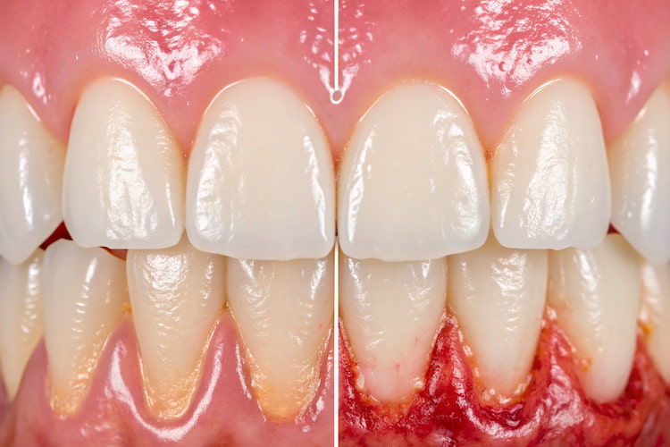 a photo of healthy gums and gums bleeding for no reason 