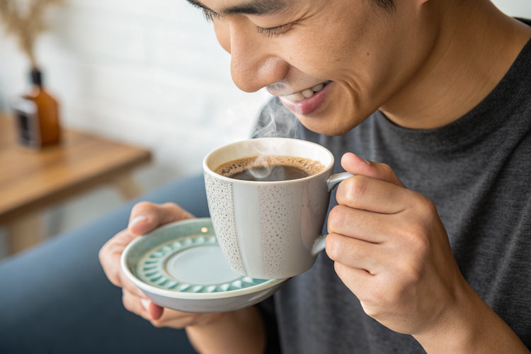 a man drinking coffee who is not wearing aligners 