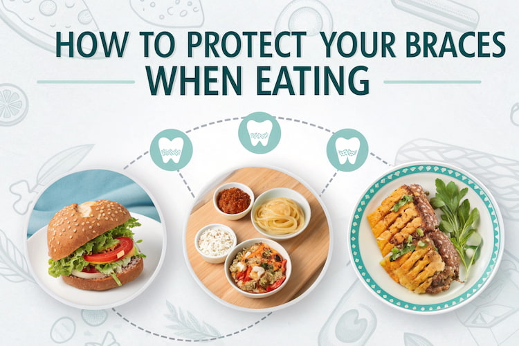 three photos of food items and a heading mentioning what you can eat with braces and how to protect braces
