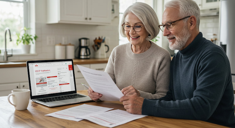 A senior couple sitting at a kitchen table reviewing eligibility of CDCP for seniors and documents, with a laptop open displaying the Canada website.