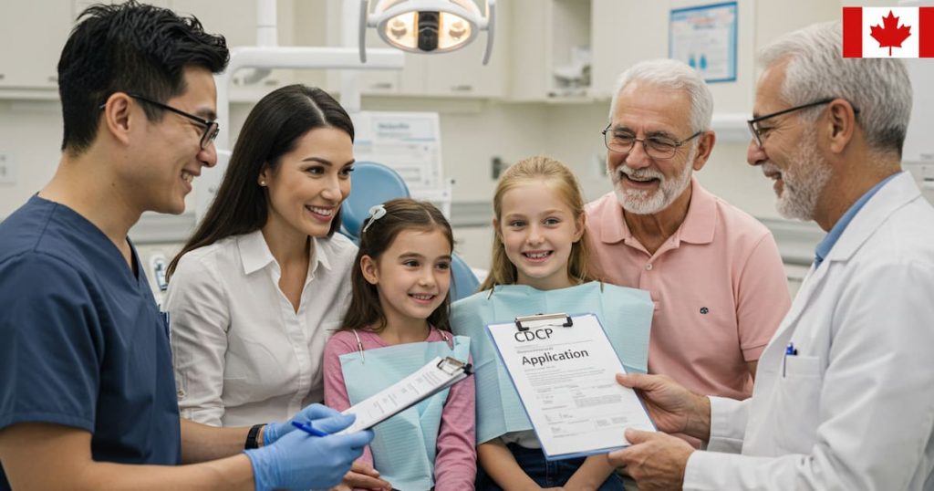 A smiling diverse family sitting together while a dentist explains paperwork to apply for CDCP.