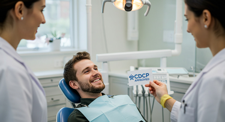 A happy patient in a dental chair being greeted by a dentist, with a card labeled “CDCP Approved” in their hand. 