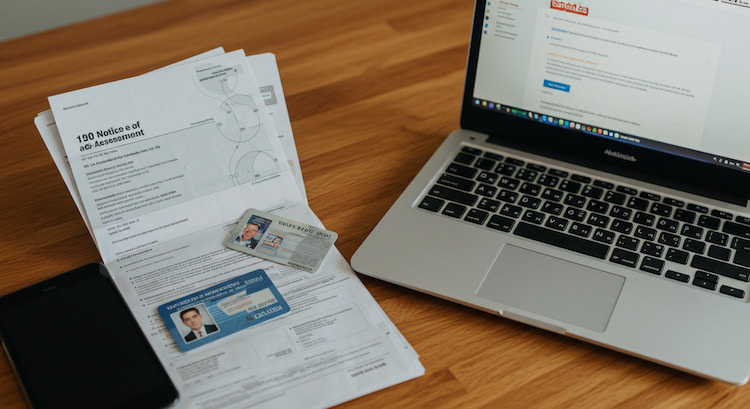 Documents needed, such as tax Notice of Assessment, ID card, utility bill, and a laptop with the Canada website open.