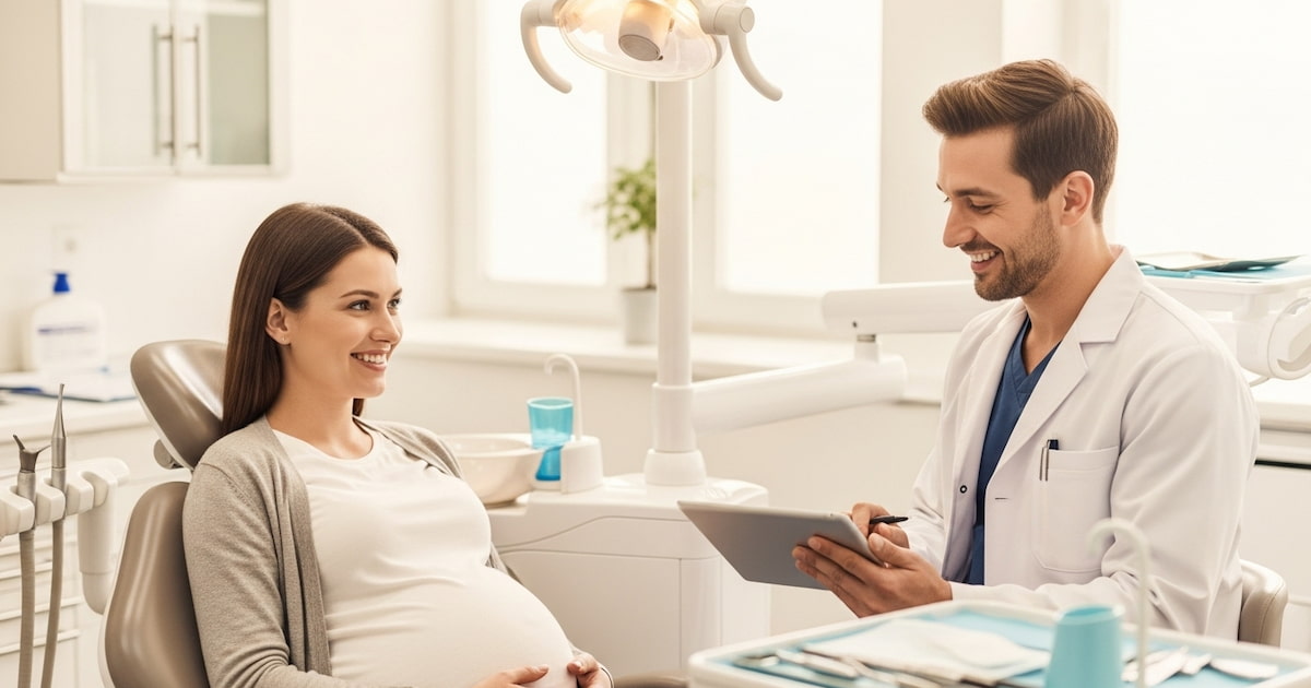 A pregnant woman sitting in a dental chair while a dentist gently explains about CDCP for pregnant women using a tablet.
