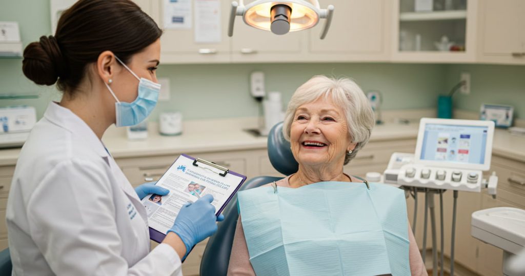 an old woman is sitting on a dental chair and a dentist is explaining about the CDCP for seniors.