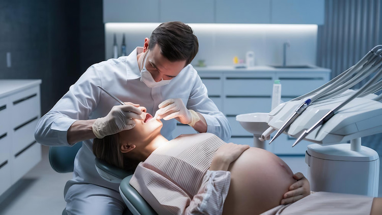 a dentist is performing a dental treatment on a pregnant woman in a dental office. 