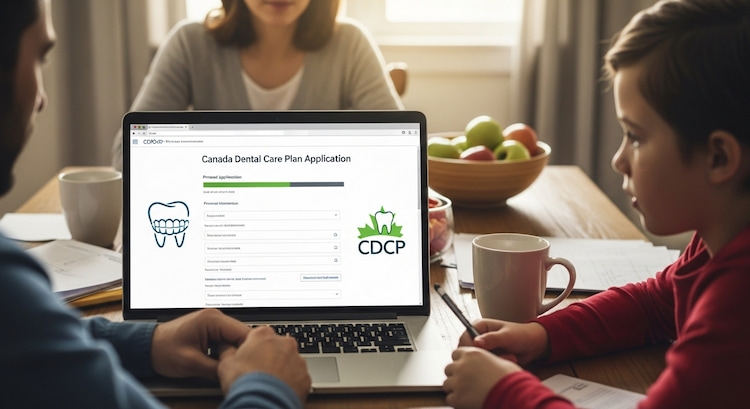 A Canadian family with two children sitting together at a kitchen table, filling out dental care paperwork online.
