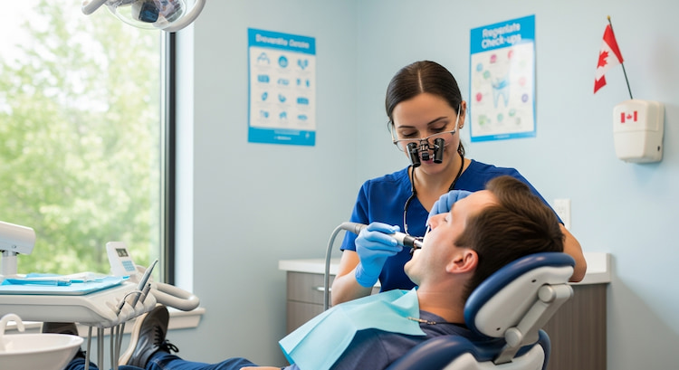 A dentist performing a dental cleaning on a patient in a CDCP dental clinic.