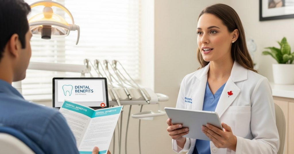 a dentist speaking to a patient while showing a cdcp dental benefits document on a tablet.