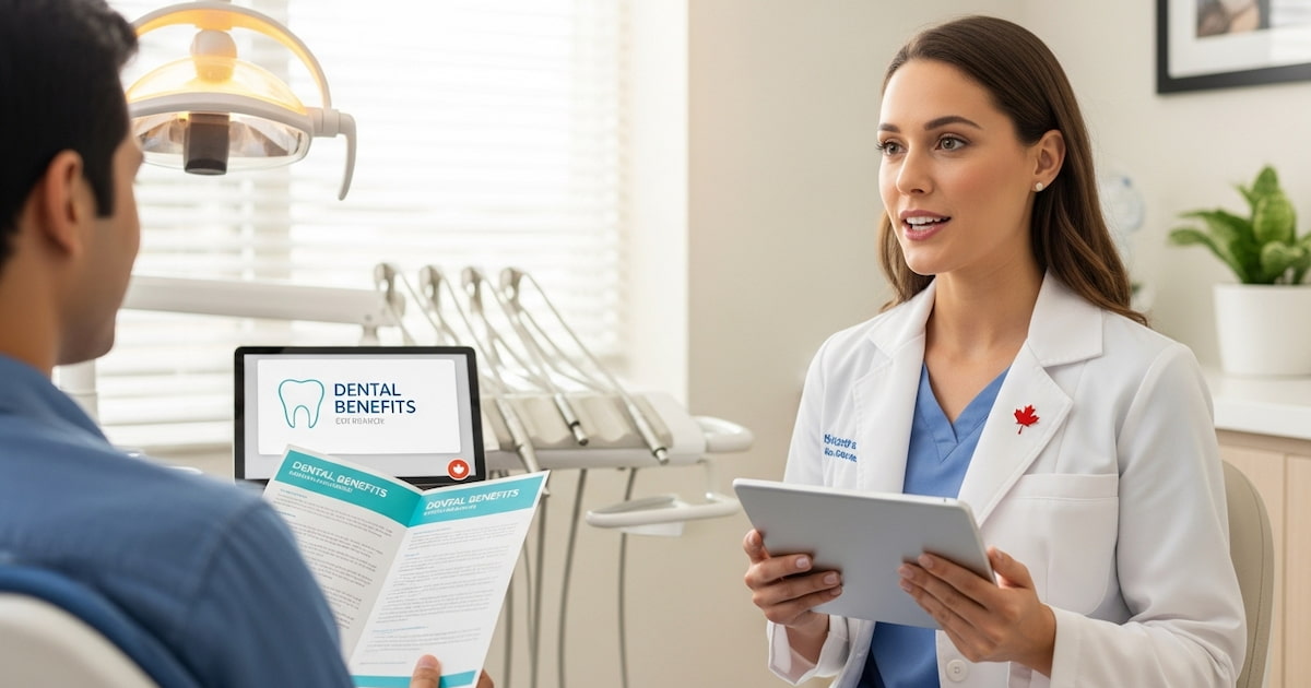 a dentist speaking to a patient while showing a cdcp dental benefits document on a tablet.