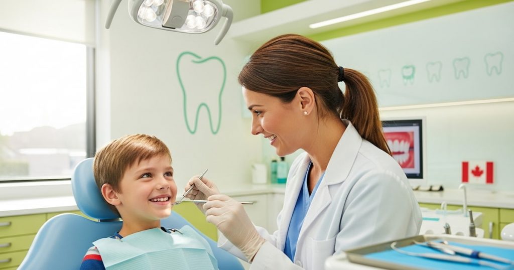 A smiling child sitting in a dental clinic chair with a dentist checking their teeth showing how CDCP for children works.