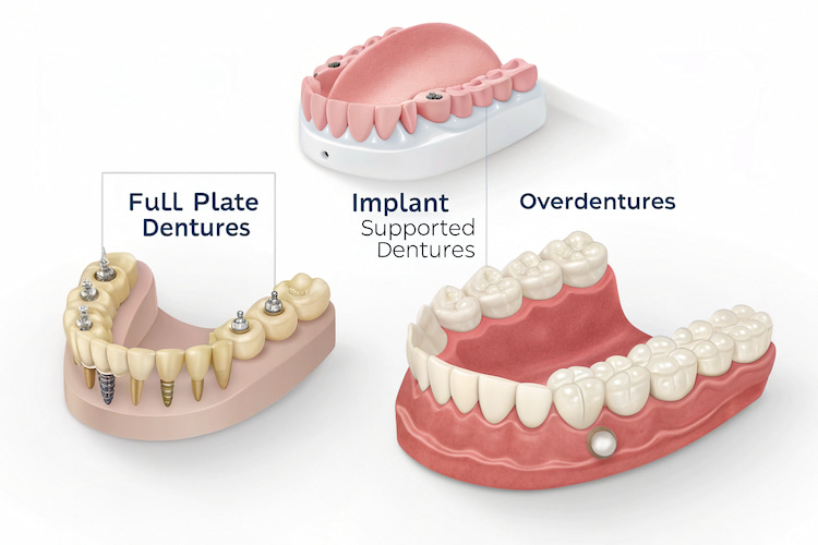 an infographic showing the denture options after removing all natural teeth 