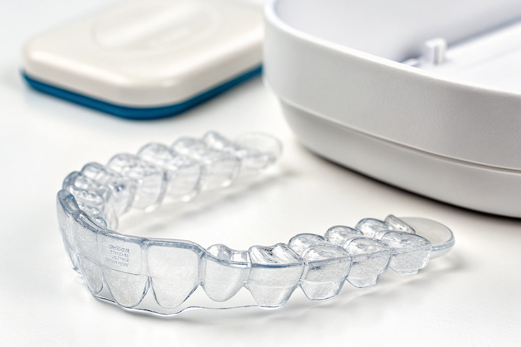 a photo of invisible braces (adult orthodontics) on a dental clinic counter 