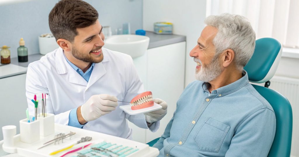 a photo of an orthodontist giving advice for adult orthodontics to an adult patient