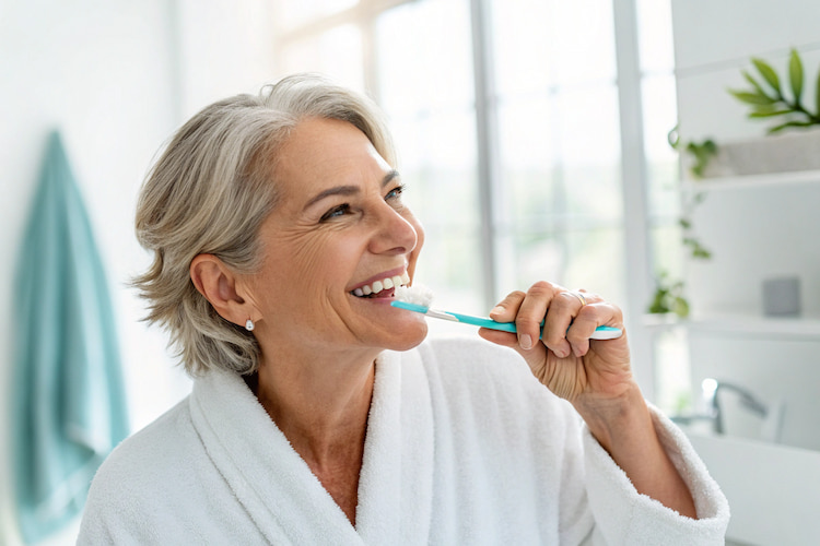 Patient brushing teeth gently with a soft-bristled toothbrush along the gum line to stop gums bleed while flossing