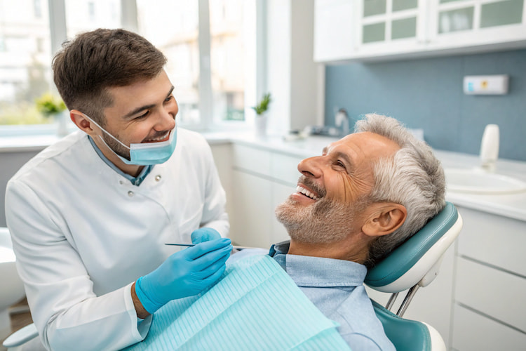 Patient in dental chair smiling while dentist gently examines teeth and gums for knowing the reason why gums bleed while flossing