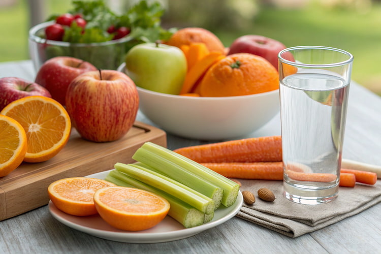 Table with fresh fruits and vegetables, water glass, emphasizing healthy diet for oral care and a way to stop gums bleed while flossing